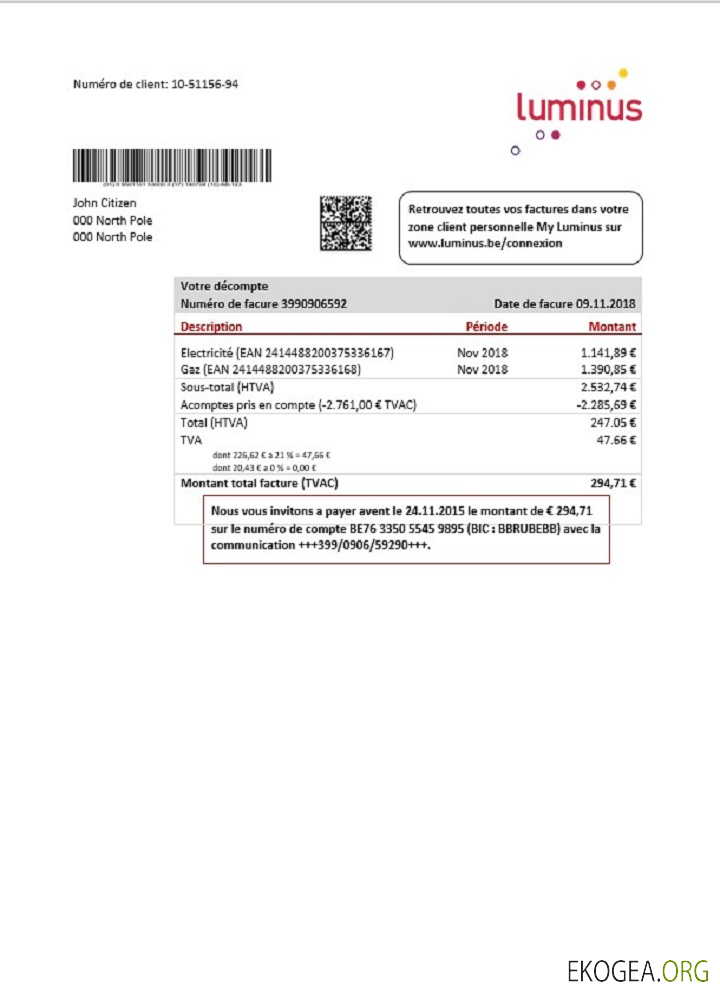 Belgium Luminus utility bill template in Word and PDF format (in .doc and .pdf format)